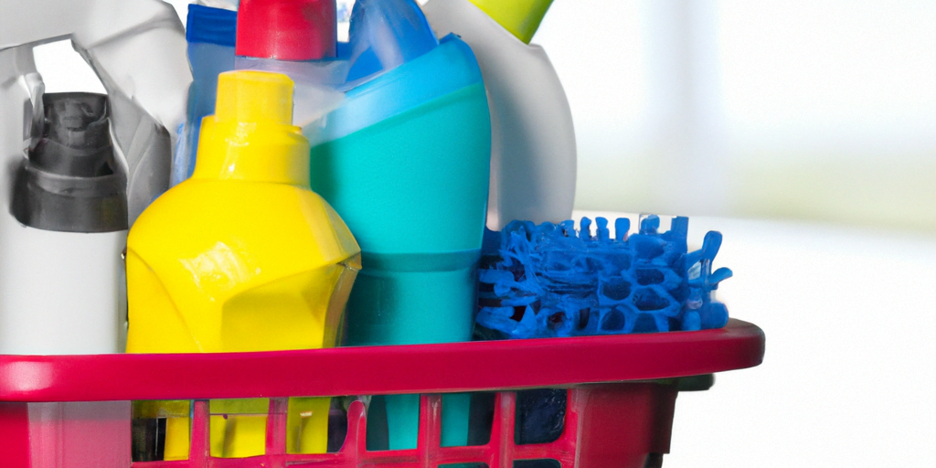 04 – Basket with cleaning products for home hygiene use Image of a Clean and Organized Workspace - "A modern and professional workspace with all janitorial and housekeeping supplies neatly stored and organized"