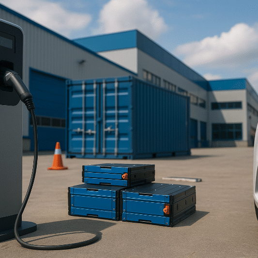 A realistic industrial scene in Karawang showing the EV battery ecosystem, featuring a modern charging station connected to an electric vehicle, with lithium-ion battery modules stacked nearby and blue warehouse facilities in the background. This visual highlights the growth of the ev battery ecosystem Karawang and its role in reshaping supply chain safety and standards.