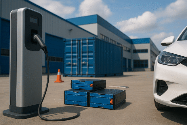 A realistic industrial scene in Karawang showing the EV battery ecosystem, featuring a modern charging station connected to an electric vehicle, with lithium-ion battery modules stacked nearby and blue warehouse facilities in the background. This visual highlights the growth of the ev battery ecosystem Karawang and its role in reshaping supply chain safety and standards.