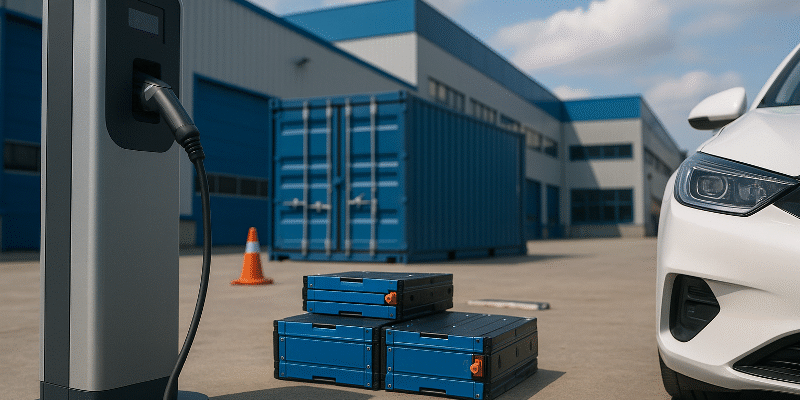EV Battery Ecosystem Karawang – Realistic Industrial Visualization of Supply Chain, Safety, and Clean Transportation Innovation A realistic industrial scene in Karawang showing the EV battery ecosystem, featuring a modern charging station connected to an electric vehicle, with lithium-ion battery modules stacked nearby and blue warehouse facilities in the background. This visual highlights the growth of the ev battery ecosystem Karawang and its role in reshaping supply chain safety and standards.