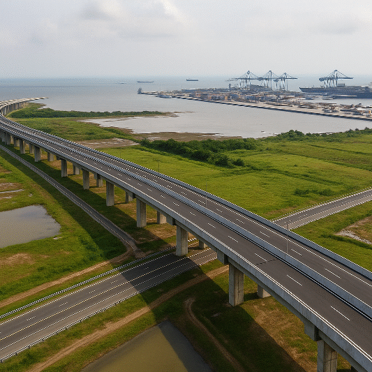 Aerial view of the Patimban Port access toll road curving towards the port, with green landscapes, container yards, and cargo ships in the background. This realistic scene highlights the strategic role of the patimban port access toll in boosting exports and logistics resilience.