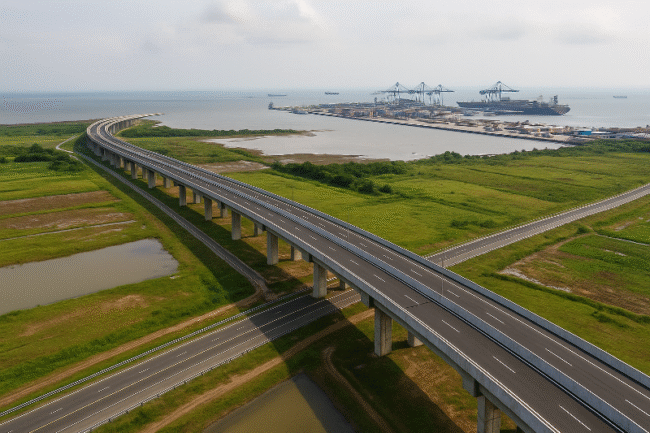 Aerial view of the Patimban Port access toll road curving towards the port, with green landscapes, container yards, and cargo ships in the background. This realistic scene highlights the strategic role of the patimban port access toll in boosting exports and logistics resilience.