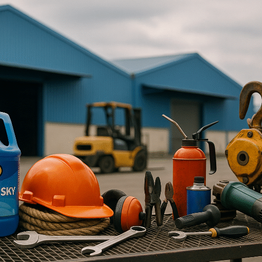 A realistic photograph of industrial tools, safety gear, and machinery in front of warehouses in Karawang, symbolizing the strong outlook of Indonesia manufacturing PMI August and the rising MRO demand across Java.