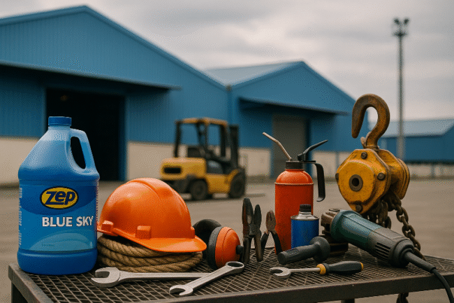 A realistic photograph of industrial tools, safety gear, and machinery in front of warehouses in Karawang, symbolizing the strong outlook of Indonesia manufacturing PMI August and the rising MRO demand across Java.