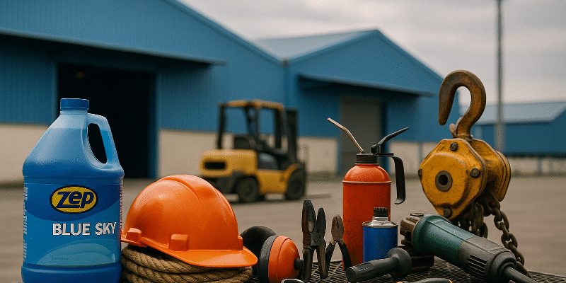 A realistic photograph of industrial tools, safety gear, and machinery in front of warehouses in Karawang, symbolizing the strong outlook of Indonesia manufacturing PMI August and the rising MRO demand across Java.