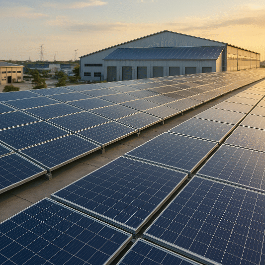 A realistic wide-angle photograph of rooftop solar panels on an industrial facility in Java, reflecting golden sunlight. The scene illustrates the impact of the latest rooftop solar rules on industrial energy planning and ROI in Indonesia.