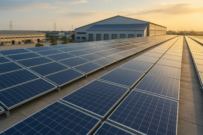 A realistic wide-angle photograph of rooftop solar panels on an industrial facility in Java, reflecting golden sunlight. The scene illustrates the impact of the latest rooftop solar rules on industrial energy planning and ROI in Indonesia.
