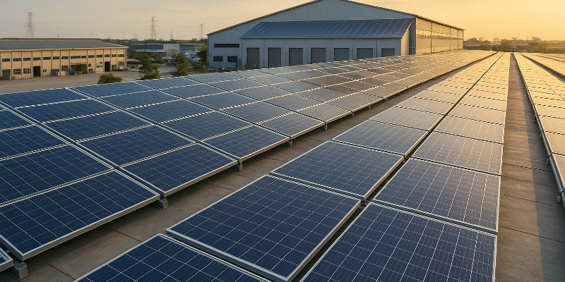 A realistic wide-angle photograph of rooftop solar panels on an industrial facility in Java, reflecting golden sunlight. The scene illustrates the impact of the latest rooftop solar rules on industrial energy planning and ROI in Indonesia.