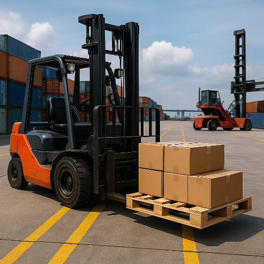 A wide-angle shot of Patimban port logistics, where a forklift transports cargo boxes along bright yellow floor markings surrounded by stacked shipping containers, symbolizing efficiency and innovation in patimban material handling upgrades.