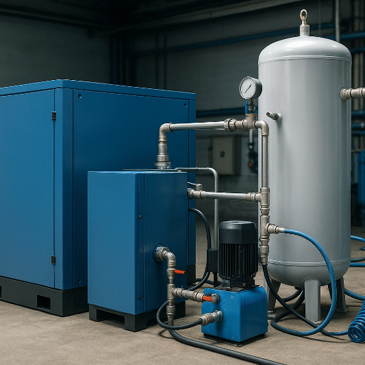 Industrial compressed air system featuring a modern blue rotary screw compressor connected to a vertical storage tank inside a factory, representing innovation in compressed air energy efficiency and sustainable manufacturing practices.