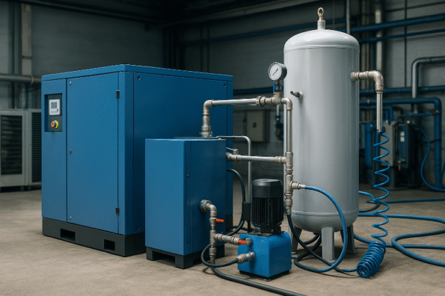 Industrial compressed air system featuring a modern blue rotary screw compressor connected to a vertical storage tank inside a factory, representing innovation in compressed air energy efficiency and sustainable manufacturing practices.
