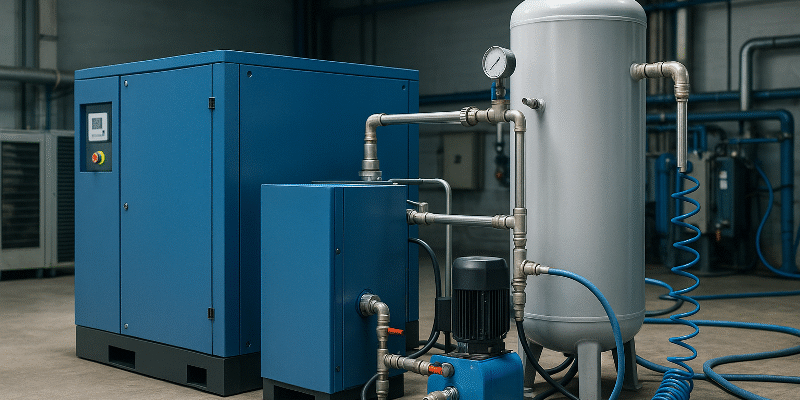 Compressed Air Energy Efficiency – Realistic Industrial Visualization of Advanced Air Compressor Technology in 2025 Industrial compressed air system featuring a modern blue rotary screw compressor connected to a vertical storage tank inside a factory, representing innovation in compressed air energy efficiency and sustainable manufacturing practices.