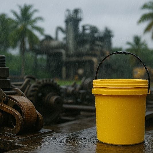 A realistic industrial scene under tropical rain with rusting machinery, palm trees, and a bright yellow lubricant container in the foreground, symbolizing industrial lubrication high humidity challenges and corrosion prevention in wet climates.