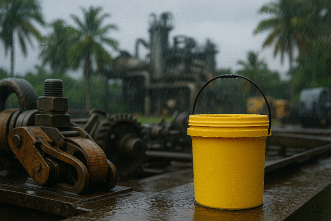 A realistic industrial scene under tropical rain with rusting machinery, palm trees, and a bright yellow lubricant container in the foreground, symbolizing industrial lubrication high humidity challenges and corrosion prevention in wet climates.