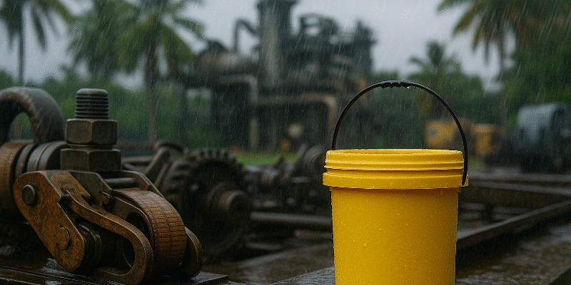 Industrial lubrication high humidity – Realistic tropical factory scene with lubricant bucket under heavy rain, highlighting reliability and corrosion prevention. A realistic industrial scene under tropical rain with rusting machinery, palm trees, and a bright yellow lubricant container in the foreground, symbolizing industrial lubrication high humidity challenges and corrosion prevention in wet climates.