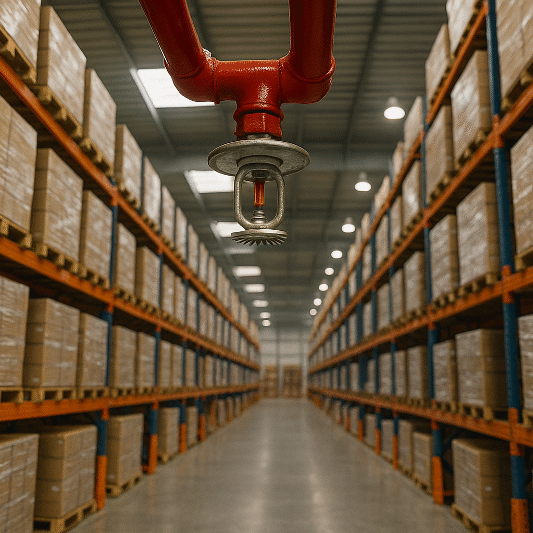 A detailed view of warehouse rack fire protection with a sprinkler head in focus above tall high-rack storage aisles filled with pallets, symbolizing modern safety strategies for warehouse rack fire protection and risk management.