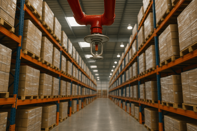 A detailed view of warehouse rack fire protection with a sprinkler head in focus above tall high-rack storage aisles filled with pallets, symbolizing modern safety strategies for warehouse rack fire protection and risk management.