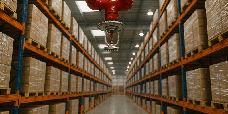 Warehouse Rack Fire Protection – Innovative Sprinkler Safety for High-Rack Storage Challenges A detailed view of warehouse rack fire protection with a sprinkler head in focus above tall high-rack storage aisles filled with pallets, symbolizing modern safety strategies for warehouse rack fire protection and risk management.