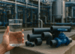 Close-up of a clear glass of water held by a hand, placed next to various industrial PVC pipes and a blue valve, with a blurred factory background. The visual emphasizes the connection between water quality and pipe selection in industrial plants.