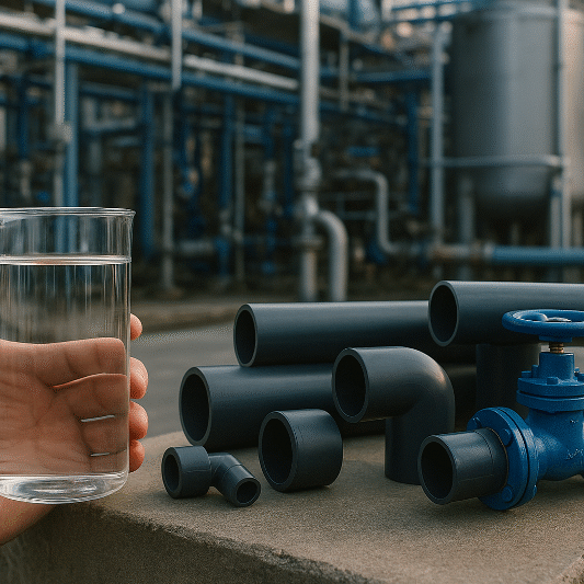 Close-up of a clear glass of water held by a hand, placed next to various industrial PVC pipes and a blue valve, with a blurred factory background. The visual emphasizes the connection between water quality and pipe selection in industrial plants.