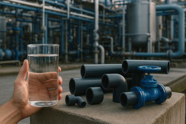 Close-up of a clear glass of water held by a hand, placed next to various industrial PVC pipes and a blue valve, with a blurred factory background. The visual emphasizes the connection between water quality and pipe selection in industrial plants.