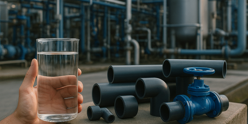 Close-up of a clear glass of water held by a hand, placed next to various industrial PVC pipes and a blue valve, with a blurred factory background. The visual emphasizes the connection between water quality and pipe selection in industrial plants.