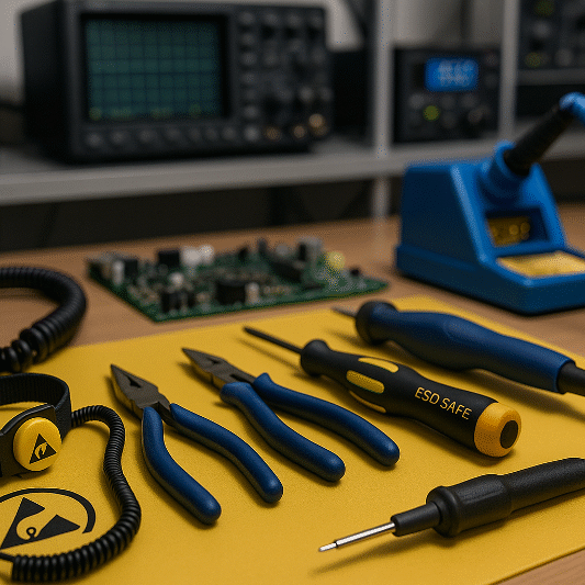Close-up view of an ESD-safe workstation with specialized tools, including pliers, screwdrivers, a soldering iron, and a grounding wrist strap on a yellow ESD mat, symbolizing compliance with esd standards production tools in electronics and battery assembly.