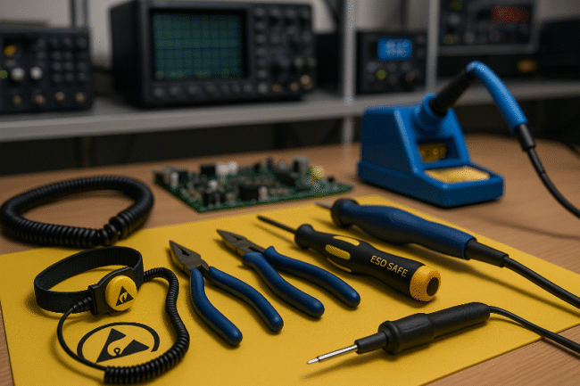 Close-up view of an ESD-safe workstation with specialized tools, including pliers, screwdrivers, a soldering iron, and a grounding wrist strap on a yellow ESD mat, symbolizing compliance with esd standards production tools in electronics and battery assembly.
