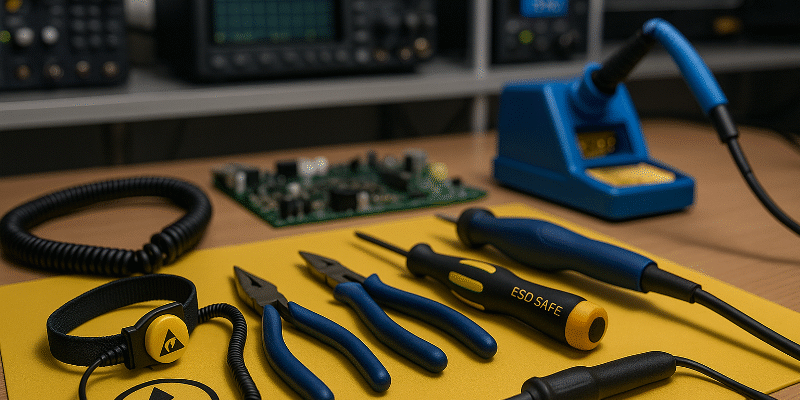 Close-up view of an ESD-safe workstation with specialized tools, including pliers, screwdrivers, a soldering iron, and a grounding wrist strap on a yellow ESD mat, symbolizing compliance with esd standards production tools in electronics and battery assembly.