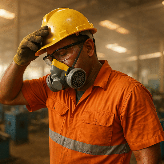 Industrial worker in PPE experiencing heat stress inside a humid West Java manufacturing plant, illustrating heat stress PPE protocols and the importance of worker safety measures.