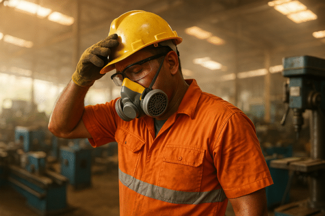 Industrial worker in PPE experiencing heat stress inside a humid West Java manufacturing plant, illustrating heat stress PPE protocols and the importance of worker safety measures.