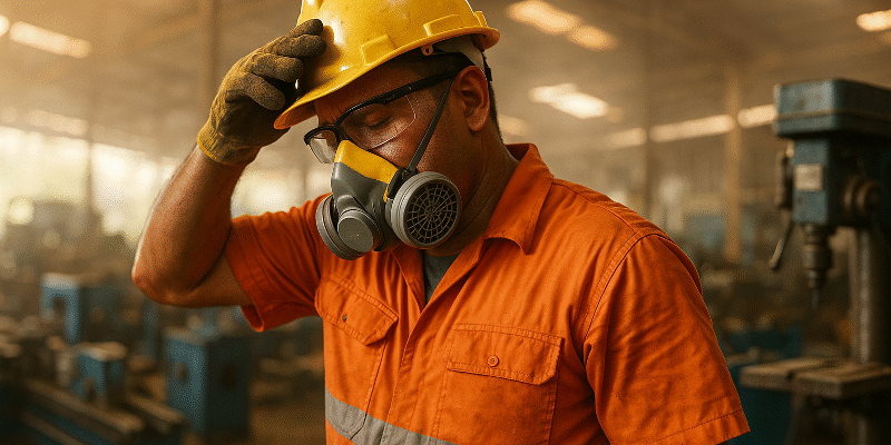 Industrial worker in PPE experiencing heat stress inside a humid West Java manufacturing plant, illustrating heat stress PPE protocols and the importance of worker safety measures.