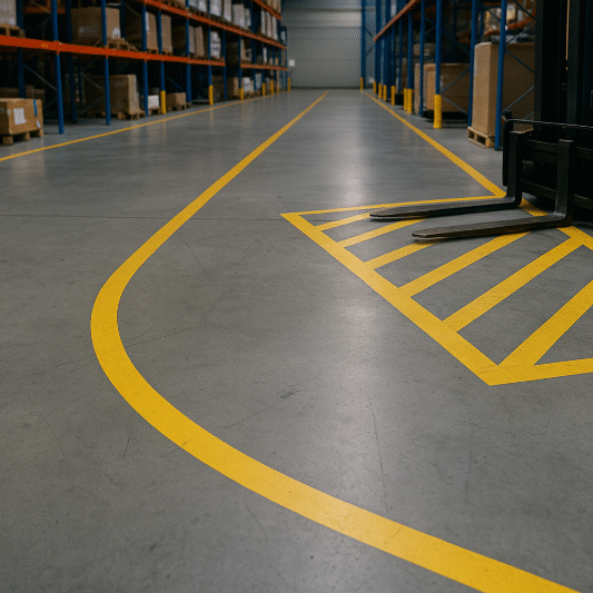 A realistic warehouse interior with bright yellow floor markings guiding pedestrian and forklift routes, symbolizing the power of visual management floor markings to reduce near-miss events and improve workplace safety.
