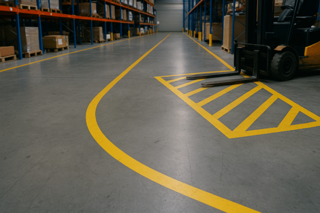 A realistic warehouse interior with bright yellow floor markings guiding pedestrian and forklift routes, symbolizing the power of visual management floor markings to reduce near-miss events and improve workplace safety.