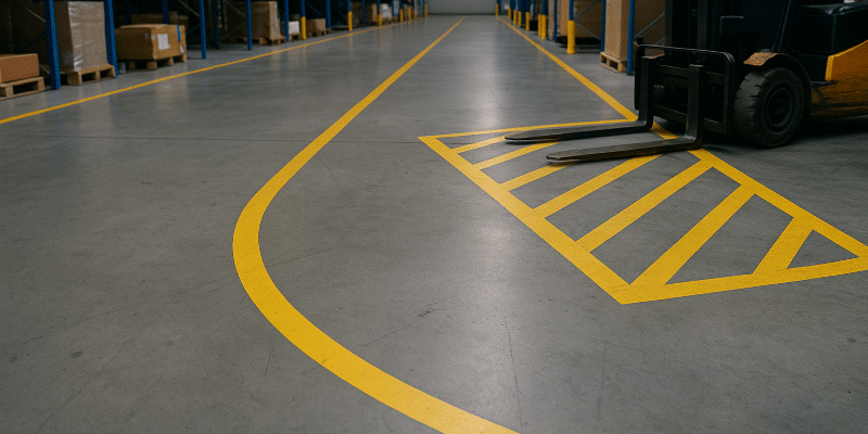 A realistic warehouse interior with bright yellow floor markings guiding pedestrian and forklift routes, symbolizing the power of visual management floor markings to reduce near-miss events and improve workplace safety.