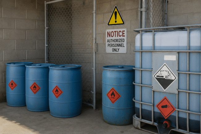 Secure hazardous chemical storage area with blue drums and safety-labeled containers, illustrating safe chemical storage compliance practices in industrial settings.