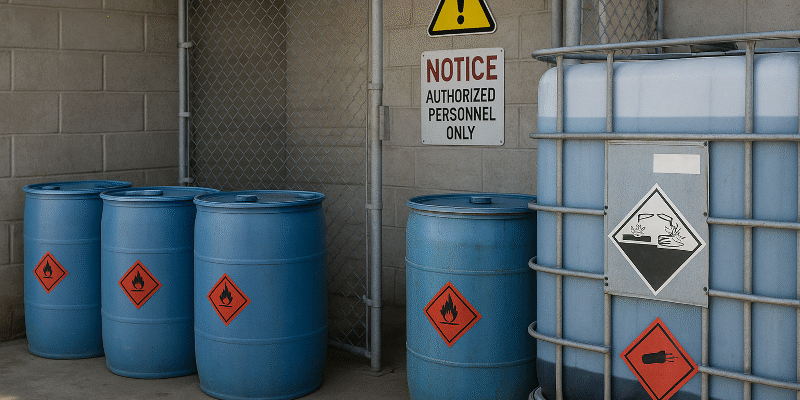 Safe Chemical Storage Compliance – Realistic Industrial Hazardous Material Storage Visualization Secure hazardous chemical storage area with blue drums and safety-labeled containers, illustrating safe chemical storage compliance practices in industrial settings.