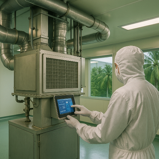 A cleanroom technician in full protective suit operates a modern HVAC system inside a sterile room, with tropical palm trees visible through large windows — representing cleanroom HVAC tropical climates balancing energy, comfort, and filtration.