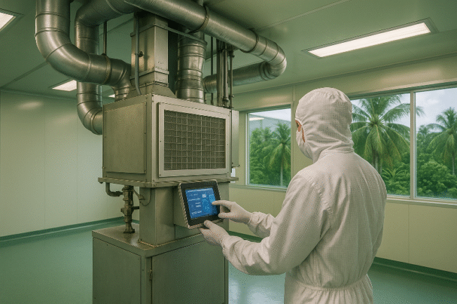 A cleanroom technician in full protective suit operates a modern HVAC system inside a sterile room, with tropical palm trees visible through large windows — representing cleanroom HVAC tropical climates balancing energy, comfort, and filtration.