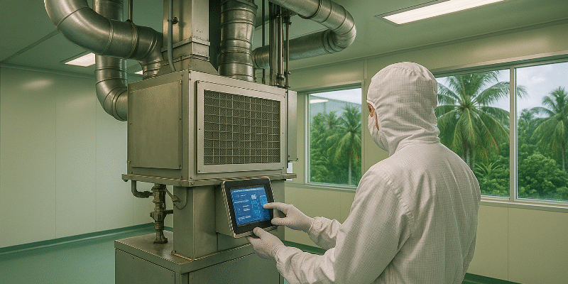 A cleanroom technician in full protective suit operates a modern HVAC system inside a sterile room, with tropical palm trees visible through large windows — representing cleanroom HVAC tropical climates balancing energy, comfort, and filtration.