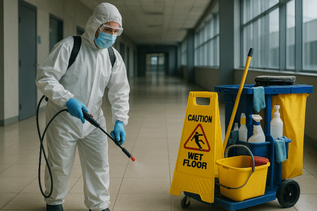 A janitorial worker in protective gear disinfecting an industrial corridor with professional cleaning tools and safety signage, illustrating the concept of industrial hygiene infection prevention through data-driven cleaning systems.