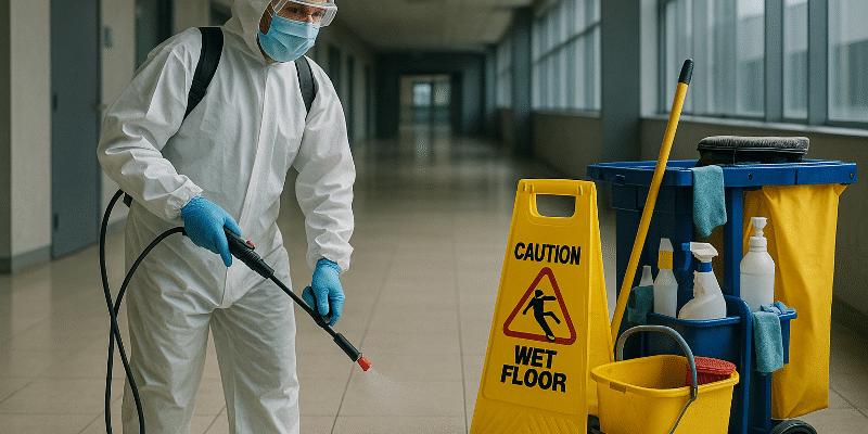 Industrial hygiene infection prevention – realistic visualization of janitorial safety systems for reducing workplace infections. A janitorial worker in protective gear disinfecting an industrial corridor with professional cleaning tools and safety signage, illustrating the concept of industrial hygiene infection prevention through data-driven cleaning systems.