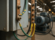 Close-up industrial photography of electrical grounding and bonding system in a busy factory, highlighting copper busbars, green-yellow grounding wires, and secure connections that ensure safety and reliability in high-power machinery environments.