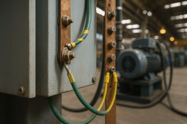 Close-up industrial photography of electrical grounding and bonding system in a busy factory, highlighting copper busbars, green-yellow grounding wires, and secure connections that ensure safety and reliability in high-power machinery environments.
