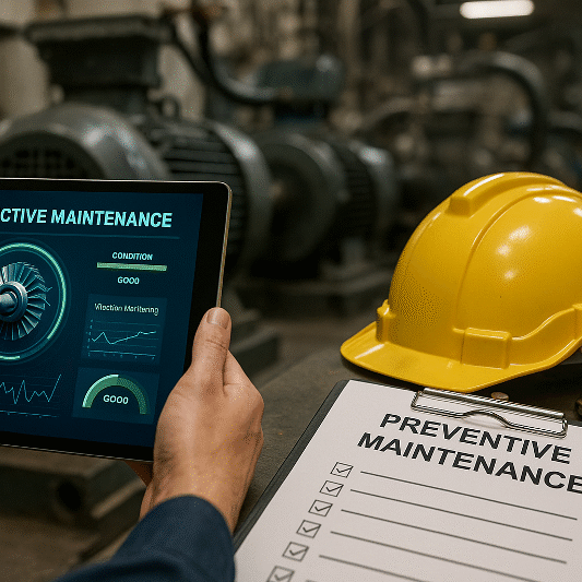 A realistic industrial photo showing a worker holding a tablet with predictive maintenance data while preventive maintenance tools, checklist, and safety helmet are placed nearby. This scene illustrates the concept of predictive versus preventive maintenance in modern factories for maximizing uptime in 2025.