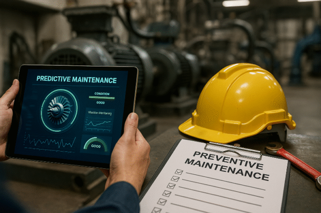 A realistic industrial photo showing a worker holding a tablet with predictive maintenance data while preventive maintenance tools, checklist, and safety helmet are placed nearby. This scene illustrates the concept of predictive versus preventive maintenance in modern factories for maximizing uptime in 2025.