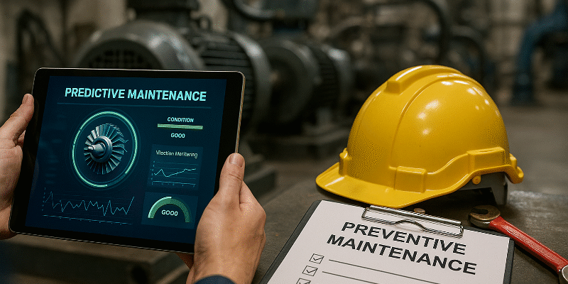 A realistic industrial photo showing a worker holding a tablet with predictive maintenance data while preventive maintenance tools, checklist, and safety helmet are placed nearby. This scene illustrates the concept of predictive versus preventive maintenance in modern factories for maximizing uptime in 2025.