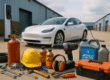 A wide-angle realistic photograph of automotive MRO tools, lubricants, safety gear, and equipment placed in front of a charging electric vehicle at a modern warehouse in Java. The scene symbolizes evolving Java automotive MRO trends shaped by EV supply chain shifts.