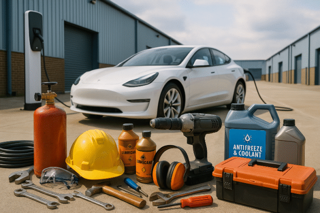 A wide-angle realistic photograph of automotive MRO tools, lubricants, safety gear, and equipment placed in front of a charging electric vehicle at a modern warehouse in Java. The scene symbolizes evolving Java automotive MRO trends shaped by EV supply chain shifts.