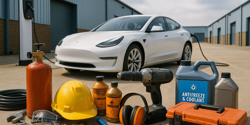 A wide-angle realistic photograph of automotive MRO tools, lubricants, safety gear, and equipment placed in front of a charging electric vehicle at a modern warehouse in Java. The scene symbolizes evolving Java automotive MRO trends shaped by EV supply chain shifts.
